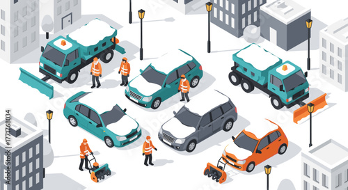 Snow removal team in city winter scene with vehicles and workers in isometric style