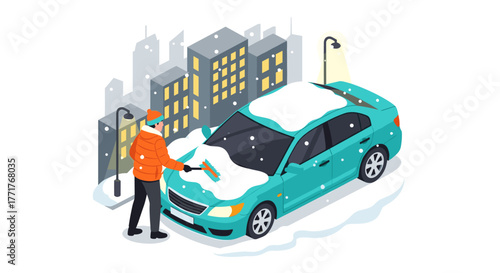 Isometric winter scene man clearing snow from car in urban setting