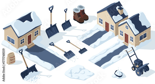 Winter snow removal scene with shovels and snowcovered houses in isometric style