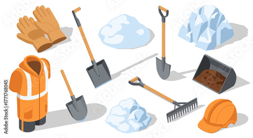 Isometric construction tools and equipment set shovel, helmet, gloves, and more