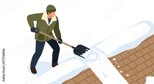Isometric man shoveling snow on sidewalk during winter season