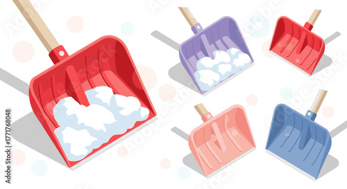 Colorful plastic snow shovels in isometric style with wooden handles