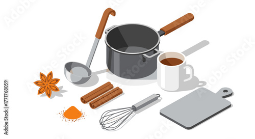 Isometric kitchen utensils composition with cooking pot and spices