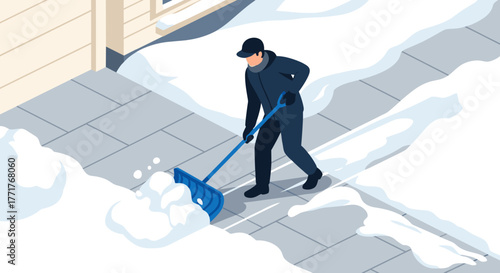 Person shoveling snow on walkway in winter isometric style