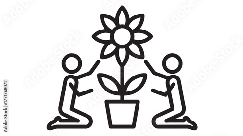 Two people caring for a flower in a pot isolated on white background