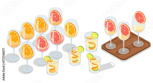 Isometric citrus cocktails and lemonade glasses with orange and grapefruit garnish on wooden tray
