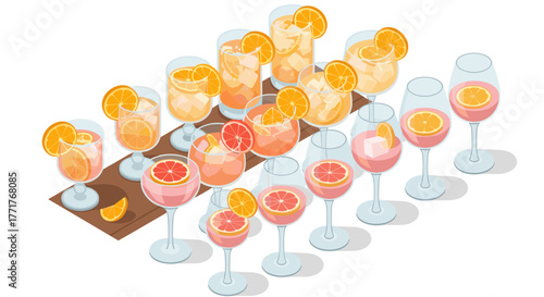 Isometric glasses of citrus punch and cocktails with orange slices