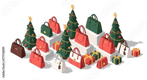 Festive holiday display of handbags and gifts with christmas trees in isometric style