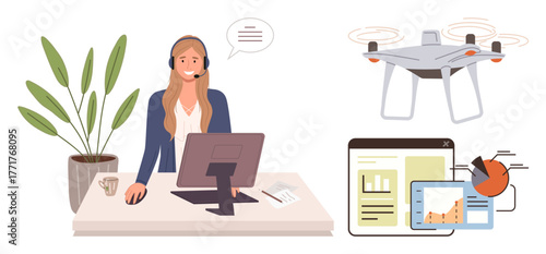 Female support agent at desk with headset, quadcopter, data charts, and tablet. Ideal for remote work, technology, customer support, innovation, data analysis business communication simple flat