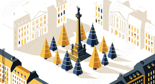 Urban winter scene with monument and stylized trees in isometric design