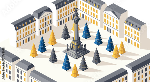 Isometric urban square with monument and festive trees in winter setting