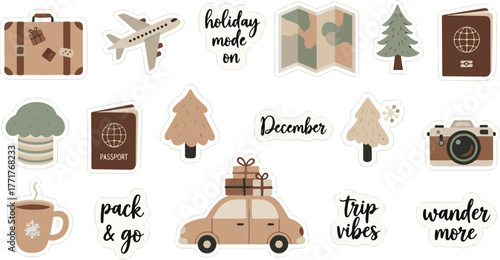 Vector illustration of travel-themed stickers including passport, plane, car, luggage, camera, and festive December elements