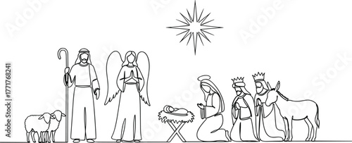 Nativity line drawing vector illustration, holy family manger artwork, Christian Christmas design, sacred worship scene, divine Bethlehem star, cad drawing flat vector illustration
