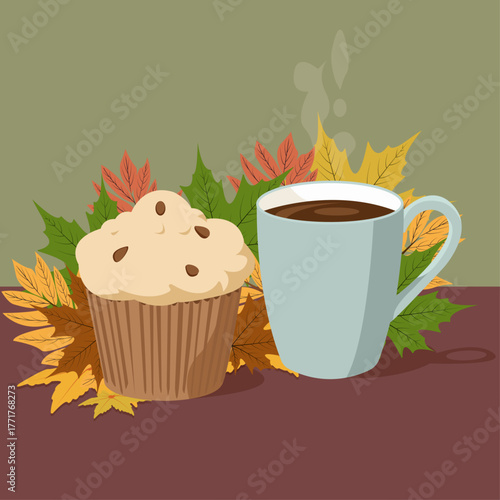 muffin with an autumn morning cup of coffee , illustration