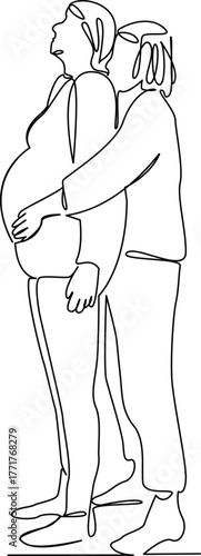 One continuous single drawing line art flat doodle mother, pregnancy, indoor, professional, female, woman, childbirth, abdomen. Isolated image hand draw contour on a white background, hand drawn, not 
