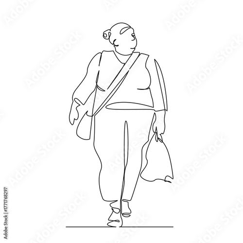 One continuous single drawing line art flat doodle fat, woman, female, body, girl, overweight, corpulent, chubby, young. Isolated image hand draw contour on a white background, hand drawn, not AI