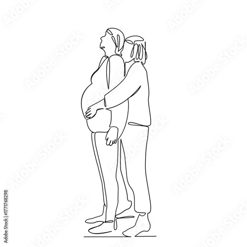 One continuous single drawing line art flat doodle mother, pregnancy, indoor, professional, female, woman, childbirth, abdomen. Isolated image hand draw contour on a white background, hand drawn, not 