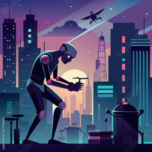 Silhouette of a humanoid robot repairing a flying drone under city lights