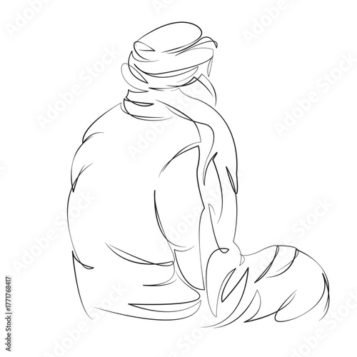 One continuous line drawing on white isolated background. Minimalism linear illustration. person, bedouin, desert, arab, traditional, man, culture, arabian, sand, ethnic