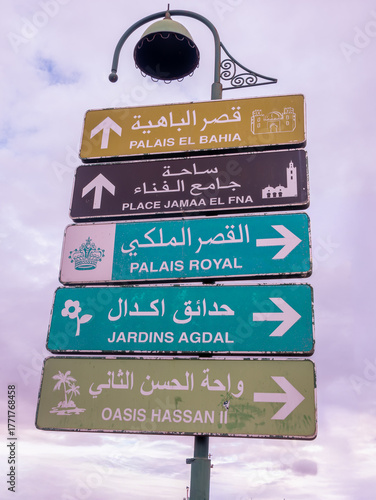 Iconic Stacked Directional Sign in Marrakech, Morocco, Guiding Tourists to Bahia Palace, Jemaa el-Fna Square, Royal Palace, and Agdal Gardens