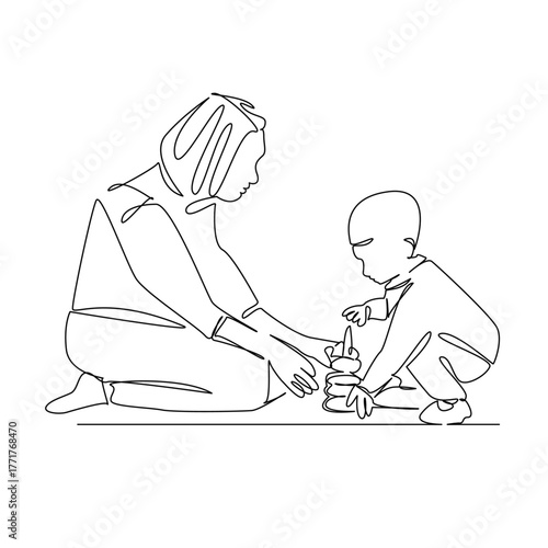 One continuous single drawing line art flat doodle children, mother, person, playing, family, happy, woman, childhood, together. Isolated image hand draw contour on a white background, hand drawn, not