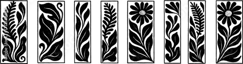 Set of seven black floral design elements for decor