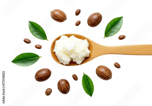 Natural shea butter cream on wooden spoon surrounded by shea nuts and green leaves isolated on transparent background