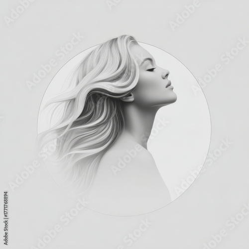 Serene woman with long flowing hair, graceful and beautiful, a monochrome beauty portrait in a circle