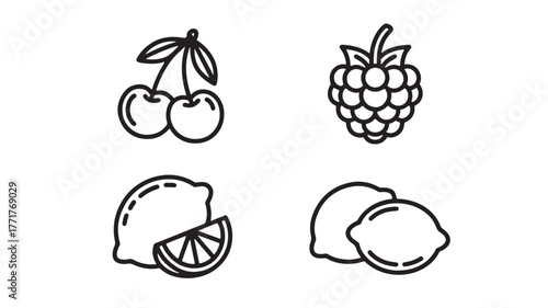 Fresh fruits isolated on white background, featuring cherries, raspberries, and lemons in a group