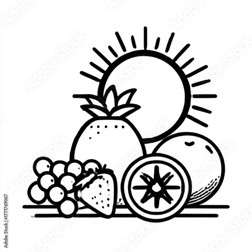 Summer fruit medley icon, black and white line art, representing fresh and healthy food