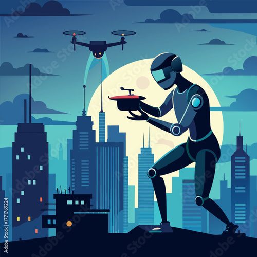 Silhouette of a humanoid robot repairing a flying drone under city lights