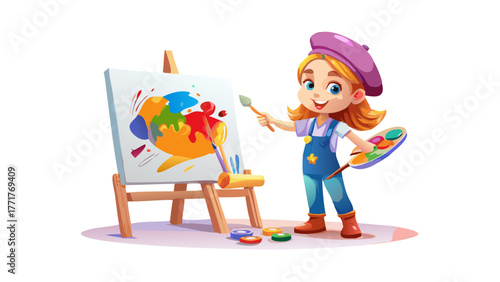 A creative 3D cartoon girl painting on a big canvas with colorful splashes, wearing a beret and overalls, surrounded by art tools, bright studio lighting