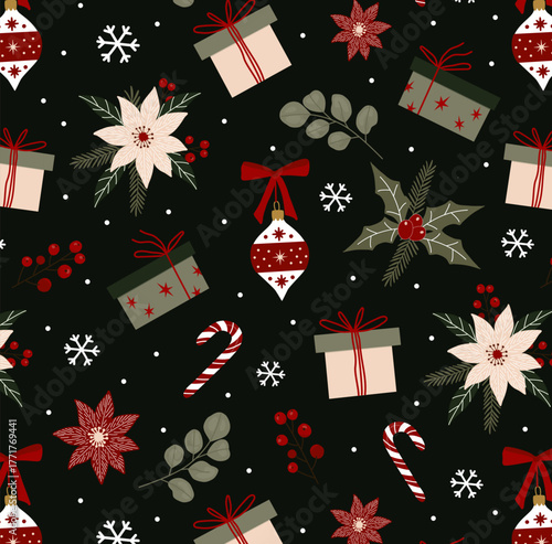 Christmas and New Year seamless pattern featuring hand drawn gifts, poinsettia flowers, holly, berries, ornaments, snowflakes and candy canes on black. Ideal for festive wrapping paper and holiday