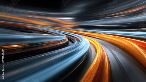 Abstract energetic streaks of blue and orange light curve across a dark background