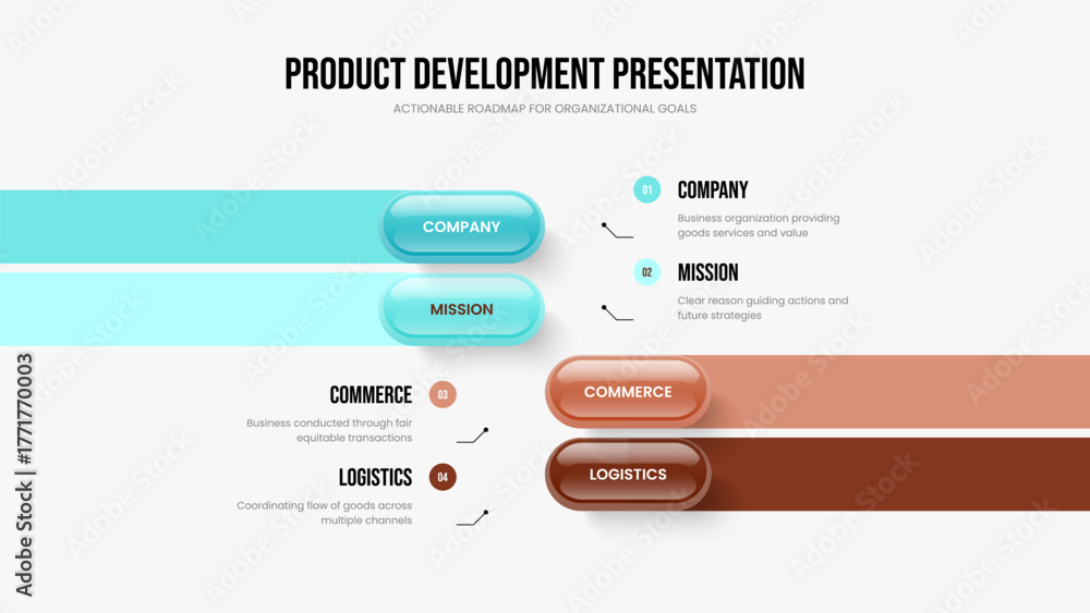 Naklejka premium Marketing Forecast Slideshow Template Vector Illustration. Creative Development 4 Step Infographic Presentation Layout. Project Insight Four Option Diagram Slide Design.