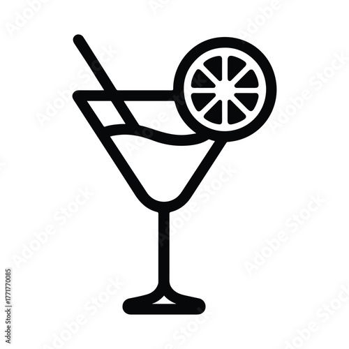 Cocktail glass with straw and lemon slice icon
, Black silhouette of a cocktail or martini glass containing a drink with a straw and a lemon or lime slice garnish on the rim. The image symbolizes beve