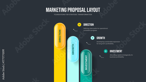 Enterprise Launch Frame Template Vector Illustration. Corporate Briefing Three Element Infographic Slide Layout. Modern Solution 3 Option Diagram Presentation Design.
