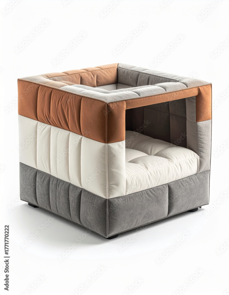 Fototapeta premium Minimalist modular dog bed cube modern pet furniture quilted fabric soft cushion neutral color block cozy shelter square shape indoor clean design comfortable