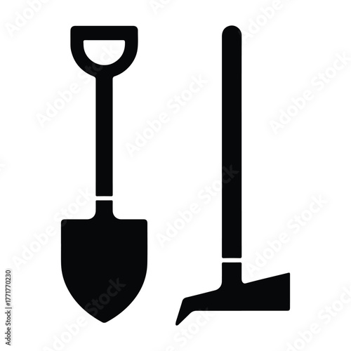 Fixing Tools Icons. Outline icon set of fixing digging tools: shovel blade, spade, digging fork, hoe, mattock, pickaxe, crowbar,