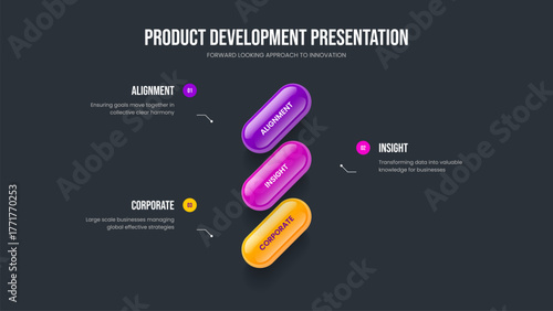 Marketing Introduction Three Step Diagram Slide Layout. Investor Launch Slideshow Design Vector Illustration. Business Innovation 3 Element Infographic Frame Template.