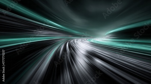 Abstract composition depicts extreme motion through a curving, futuristic tunnel environment