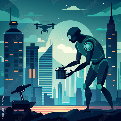 Silhouette of a humanoid robot repairing a flying drone under city lights