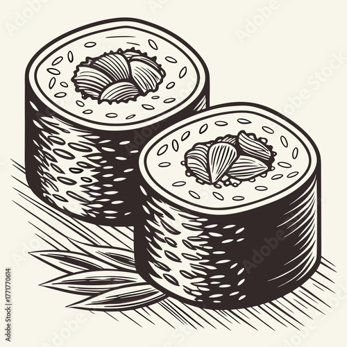 Two Sushi Rolls Detailed Vintage Rough Woodcut Engraving Linocut Style Vector Illustration