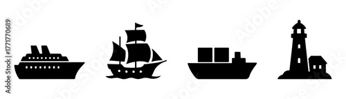 Ship and lighthouse silhouettes icon, sea, voyage, transport, navigation, travel