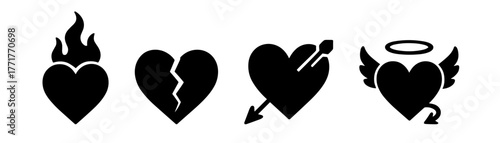 Heart emotion silhouettes icon, love, passion, heartbreak, romance, angel