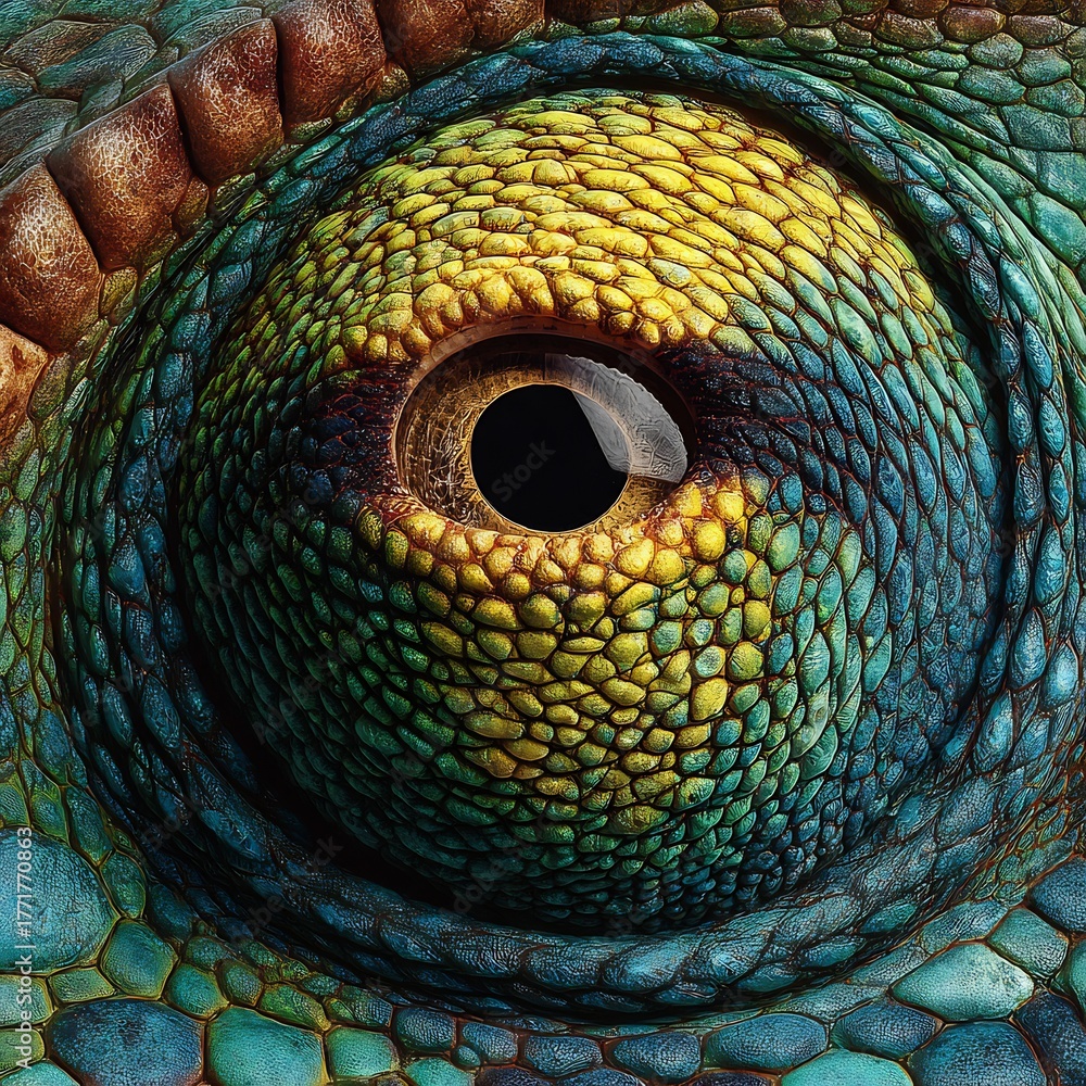 Obraz premium Intricate close-up of a chameleon's eye revealing vibrant textures and unique patterns