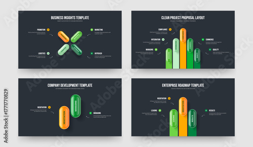 Professional Proposal 4 5 2 3 Option Diagram Frame Template Set. Visual Analysis Four Five Two Three Step Infographic Slideshow Layout Vector Illustration Collection.