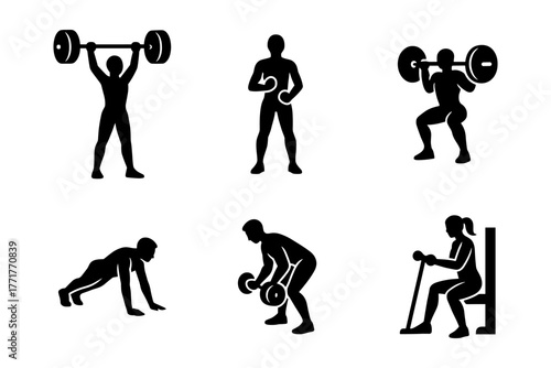Fitness training silhouettes icon ,sport, exercise, workout, gym, bodybuilding