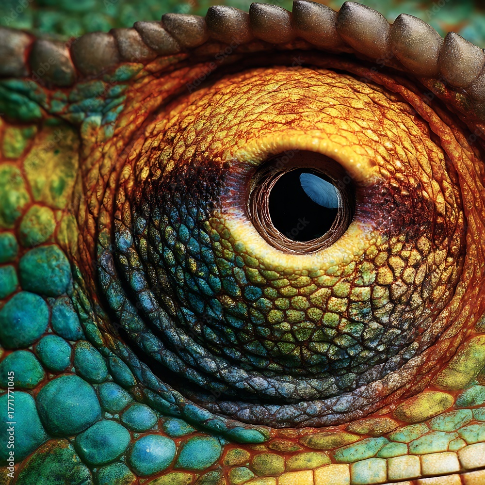 Obraz premium Intricate eye detail of a chameleon showcasing vibrant textures and captivating color gradients