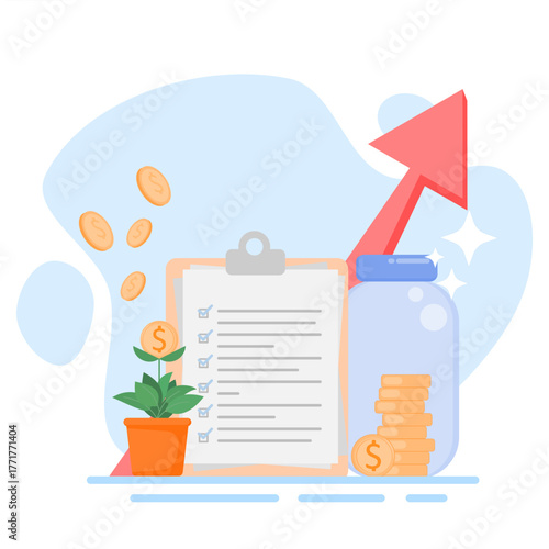 Savings and Investment Growth Concept. Financial Management, Planning, and Financial Stability. Flat Vector Design Illustration.